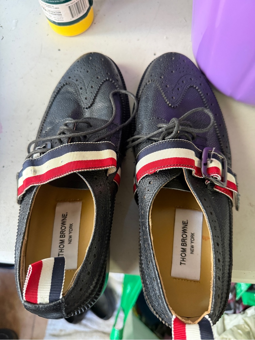 Thom Browne Black Leather Wingtip Oxfords with Tricolor Strap